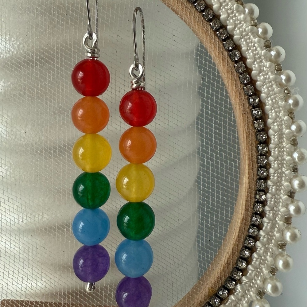 HAND CRAFTED Pride Wire Wrapped Jade Rainbow Sterling Silver Earrings - Picture 3 of 13